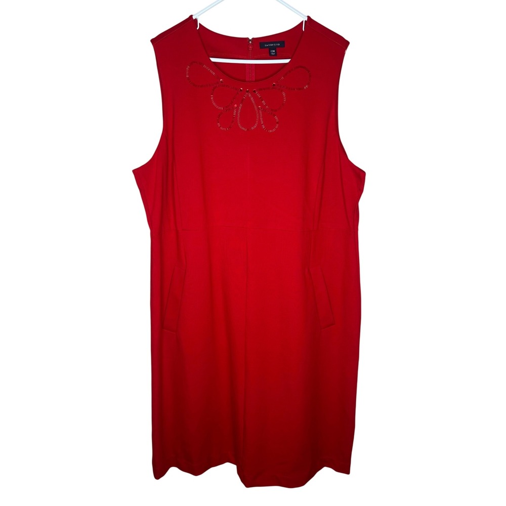 Land's End Sleeveless Red Jumper Dress 22W Beaded Chest Detail‎ With pockets
